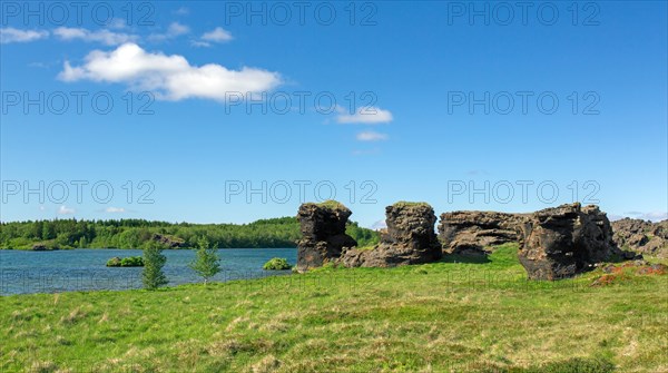 Hoefoi, Hoefdi, volcanic lava rock formations along lake Myvatn in summer, Norourland eystra,