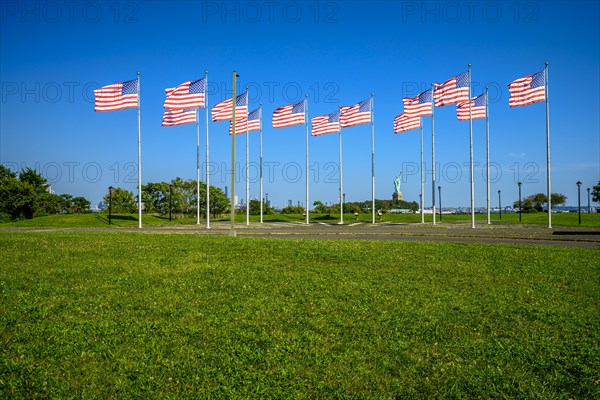 Views on New York Harbor, Manhattan and Statue of Liberty from the Liberty State Park, Jersey City,
