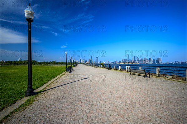 Views on New York Harbor, Manhattan and Statue of Liberty from the Liberty State Park, Jersey City,