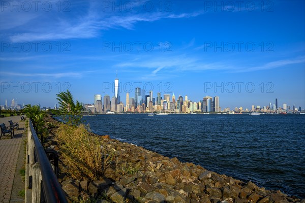 Views on New York Harbor, Manhattan and Statue of Liberty from the Liberty State Park, Jersey City,
