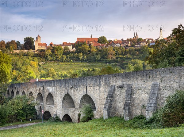 View from the medieval double bridge in the Tauber Valley, Tauberbruecke, of the historic old town,