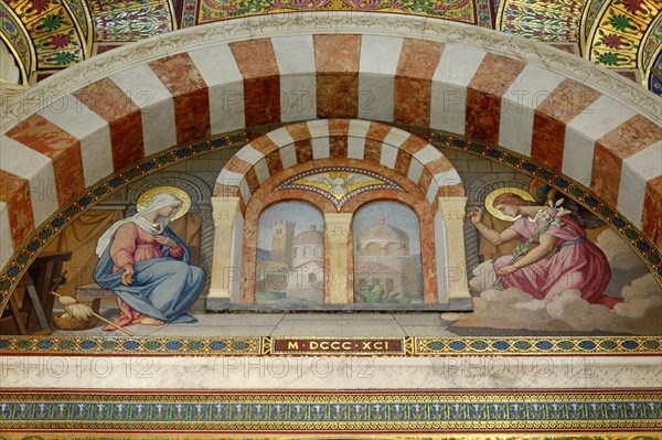 Church of Notre-Dame de la Garde, Marseille, Historical fresco with Mary and Joseph under an ornate