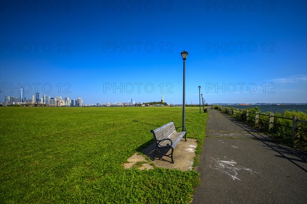 Views on New York Harbor, Manhattan and Statue of Liberty from the Liberty State Park, Jersey City,