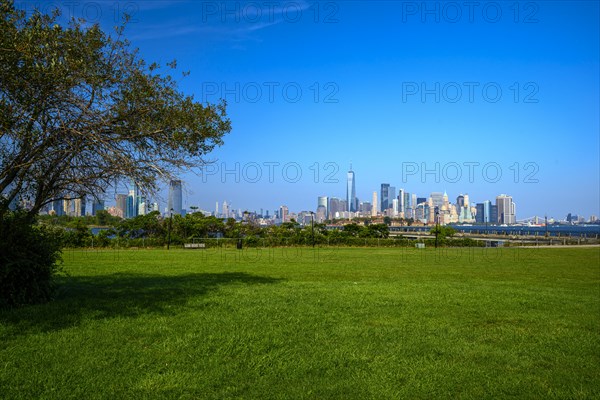 Views on New York Harbor, Manhattan and Statue of Liberty from the Liberty State Park, Jersey City,