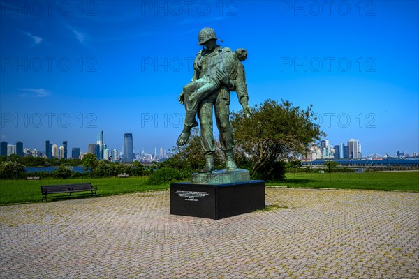 Views on New York Harbor, Manhattan and Statue of Liberty from the Liberty State Park, Jersey City,