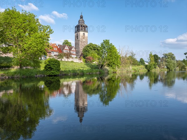 St Crucis Church, half-timbered houses and town wall in the historic old town of Allendorf,
