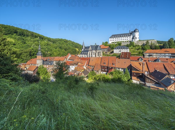 View of Stolberg with castle, Saigerturm, St. Martini church and half-timbered houses in the old