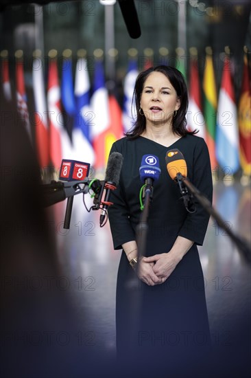 Annalena Baerbock, Federal Foreign Minister, photographed during a doorstep at the meeting of NATO