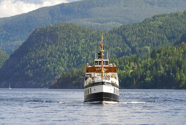 Historic canal boat MS Victoria on the Telemark Canal, mountains and lakes, shipping, historic