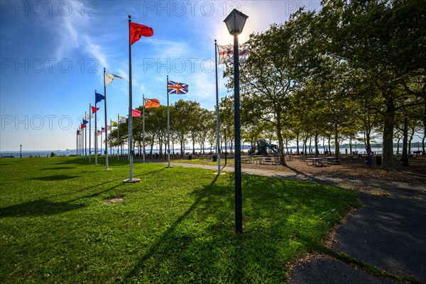 Views on New York Harbor, Manhattan and Statue of Liberty from the Liberty State Park, Jersey City,
