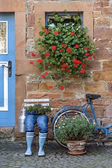 Curious decoration on a front door, blue jeans trousers in rubber boots with flower pot, geraniums,
