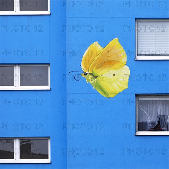 Sunflower house, painted yellow lemon butterfly on a skyscraper, artist Ulrich Allgaier, Wuppertal,