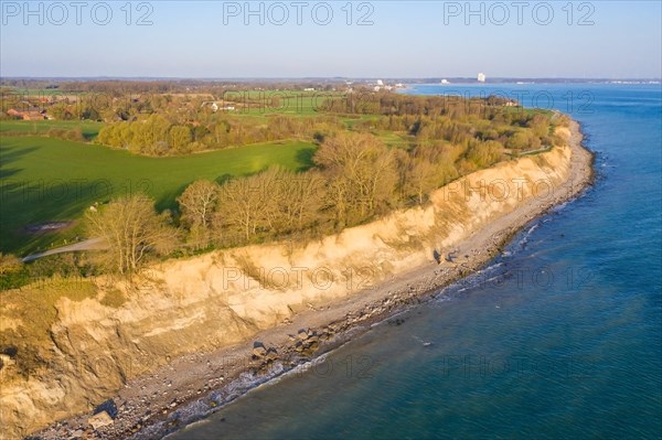 Aerial view over beach and Brodtener Ufer, Brodten Steilufer, cliff in the Bay of Luebeck along the