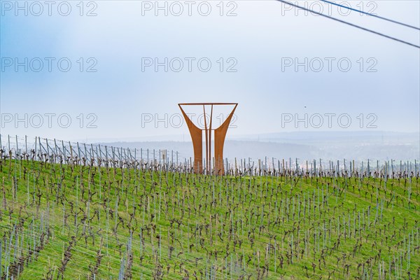 Expansive vineyard landscape with a striking art installation under a cloudy sky, Jesus Grace
