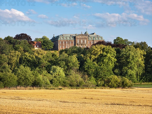 View over stubble field to Burgscheidungen Castle, Unstruttal, Burgenlandkreis, Saxony-Anhalt,