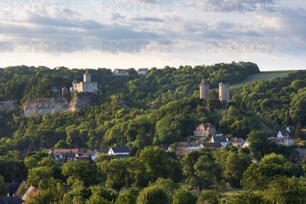 View of Rudelsburg castle ruins, Saaleck castle and Kreipitzsch manor, in the Saale valley, near