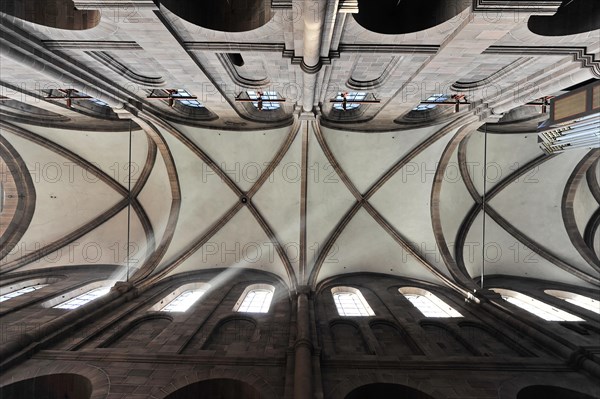 Speyer Cathedral, view upwards to the ribbed vault of a Gothic church with symmetrical