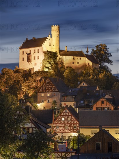 Goessweinstein with castle and half-timbered houses at dusk, Franconian Switzerland, Upper
