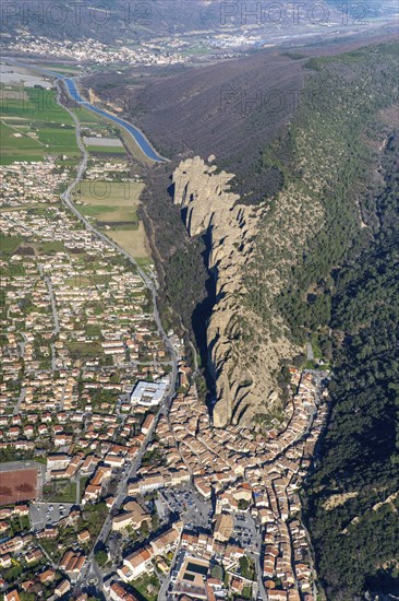 Aerial view of Les Mees, Provence-Alpes-Cote d'Azur Departement, Les Penitents, the penitents, rock