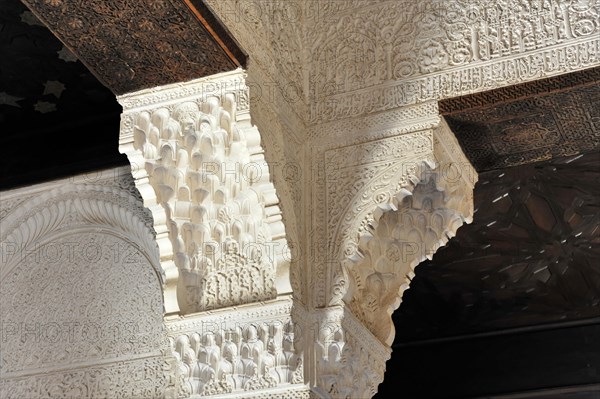 Artistic stone carvings, Alhambra, Granada, Detail of a richly decorated ceiling and columns with
