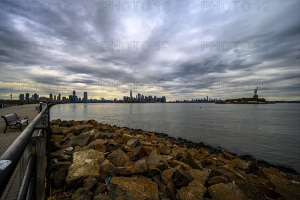 Views on New York Harbor, Manhattan and Statue of Liberty from the Liberty State Park, Jersey City,