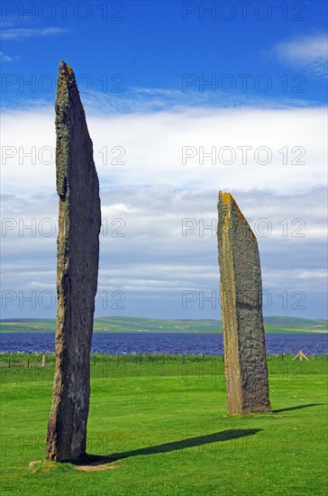 Standing stones from the Stone Age on a green meadow, Unesco World Heritage Site, Ring of Brodgar,