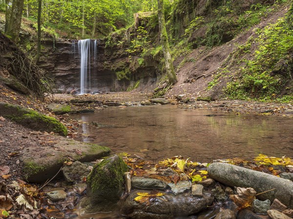 Small waterfall at Hoerschbach, Hoerschbach Valley, Swabian-Franconian Forest nature park Park,