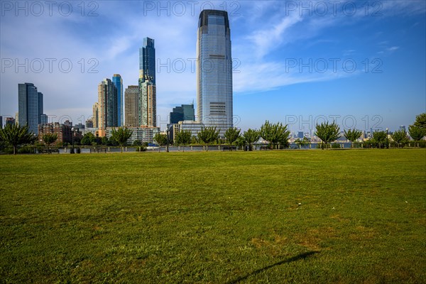 Views on New York Harbor, Manhattan and Statue of Liberty from the Liberty State Park, Jersey City,
