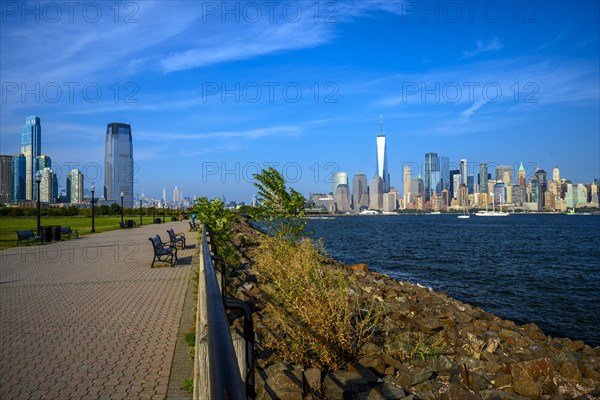 Views on New York Harbor, Manhattan and Statue of Liberty from the Liberty State Park, Jersey City,