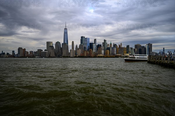 Views on New York Harbor, Manhattan and Statue of Liberty from the Liberty State Park, Jersey City,