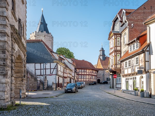 Street with cobblestones in the historic old town, half-timbered houses at the Frauentor,
