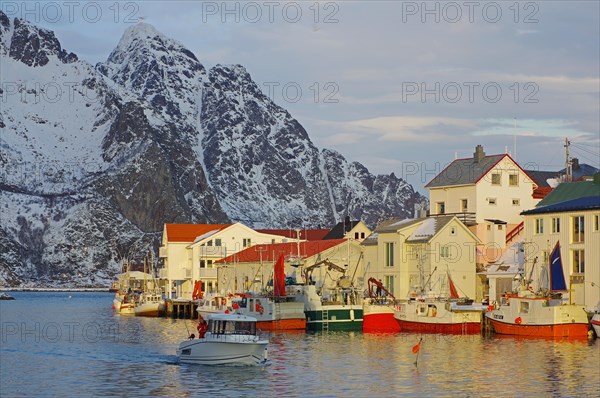 Fishing vessels in the last light of day in the harbour of Henningsvaer, Winter, Lofoten, Nordland,