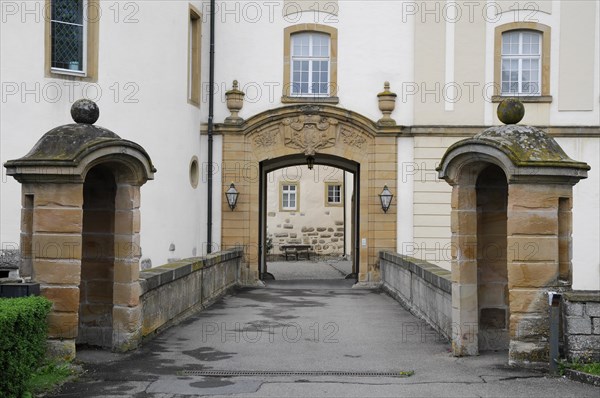 Langenburg Castle, sandstone portal with lamps as the main entrance to the castle, Langenburg