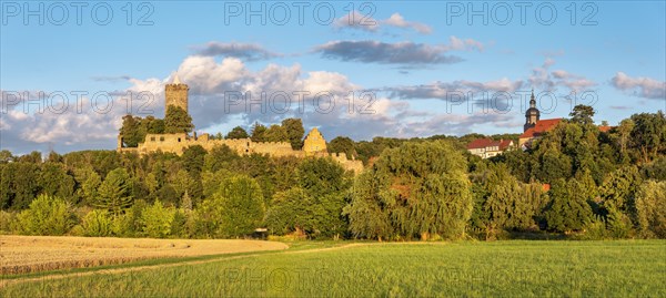 Panorama, Schoenburg castle and village in the Saale valley in the evening light, Schoenburg