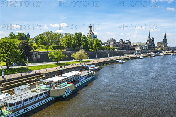 View of the historic old town ensemble and the steamer landing stage on the Terrassenufer in