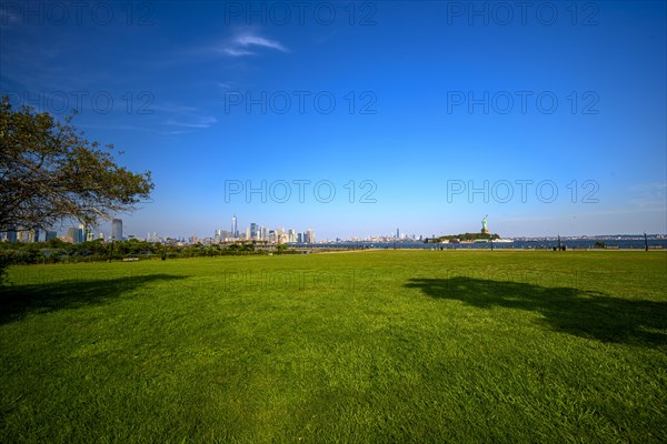 Views on New York Harbor, Manhattan and Statue of Liberty from the Liberty State Park, Jersey City,