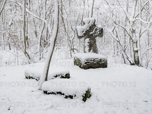 Medieval stone cross in a snow-covered forest in winter, murder cross, atonement cross, Freyburg