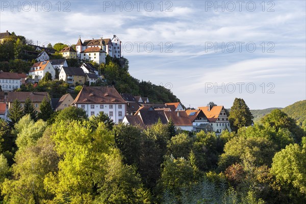 Egloffstein castle and village in the Trubach valley in autumn, Egloffstein, Upper Franconia,