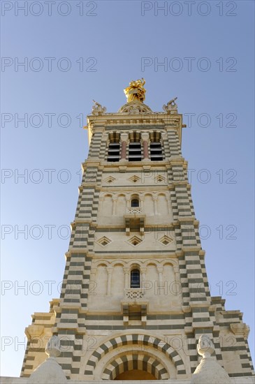 Church of Notre-Dame de la Garde, Marseille, Detailed view of a church tower with ornamental