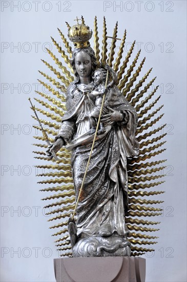 The Neumuenster collegiate monastery, diocese of Wuerzburg, Kardinal-Doepfner-Platz, statue of the