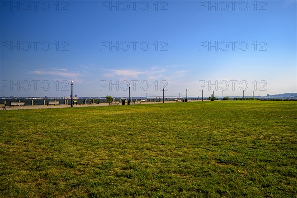 Views on New York Harbor, Manhattan and Statue of Liberty from the Liberty State Park, Jersey City,