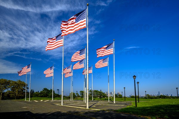 Views on New York Harbor, Manhattan and Statue of Liberty from the Liberty State Park, Jersey City,