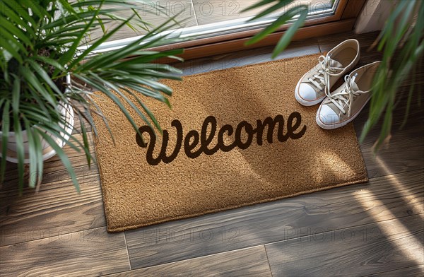 Welcome mat at front door of house. generative AI, AI generated