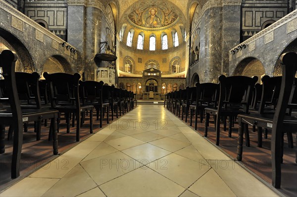 Church of the Redeemer, start of construction 1903, Bad Homburg v. d. Hoehe, Hesse, Rows of pews in
