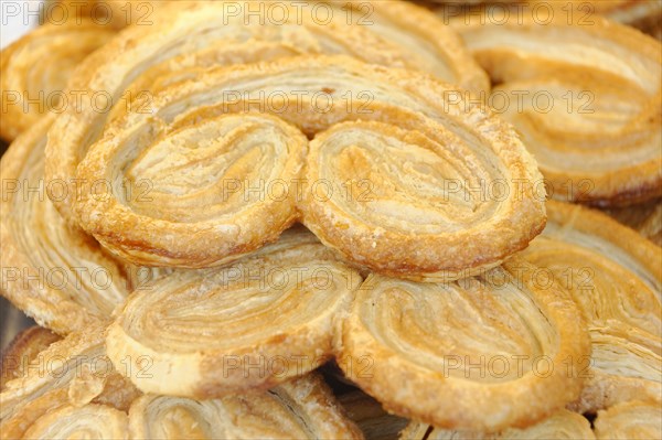 Marseille, close-up of Palmiers puff pastry, which is baked golden brown, Marseille, Departement