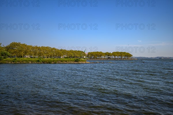 Views on New York Harbor, Manhattan and Statue of Liberty from the Liberty State Park, Jersey City,