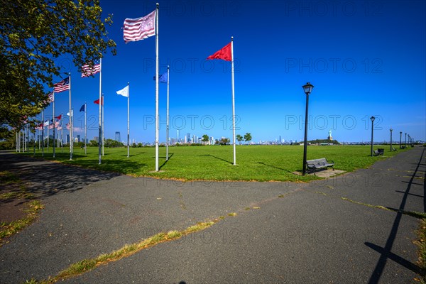Views on New York Harbor, Manhattan and Statue of Liberty from the Liberty State Park, Jersey City,