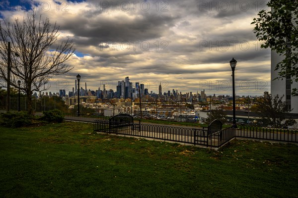 Views on New York Harbor, Manhattan and Statue of Liberty from the Liberty State Park, Jersey City,