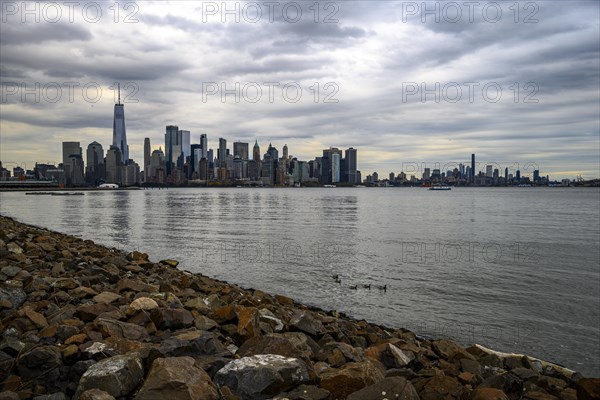 Views on New York Harbor, Manhattan and Statue of Liberty from the Liberty State Park, Jersey City,