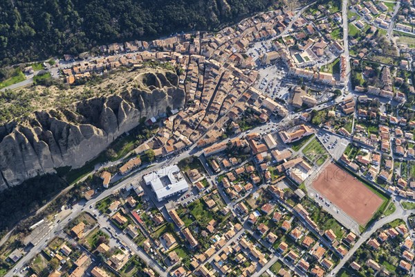 Aerial view of Les Mees, Provence-Alpes-Cote d'Azur Departement, Les Penitents, the penitents, rock